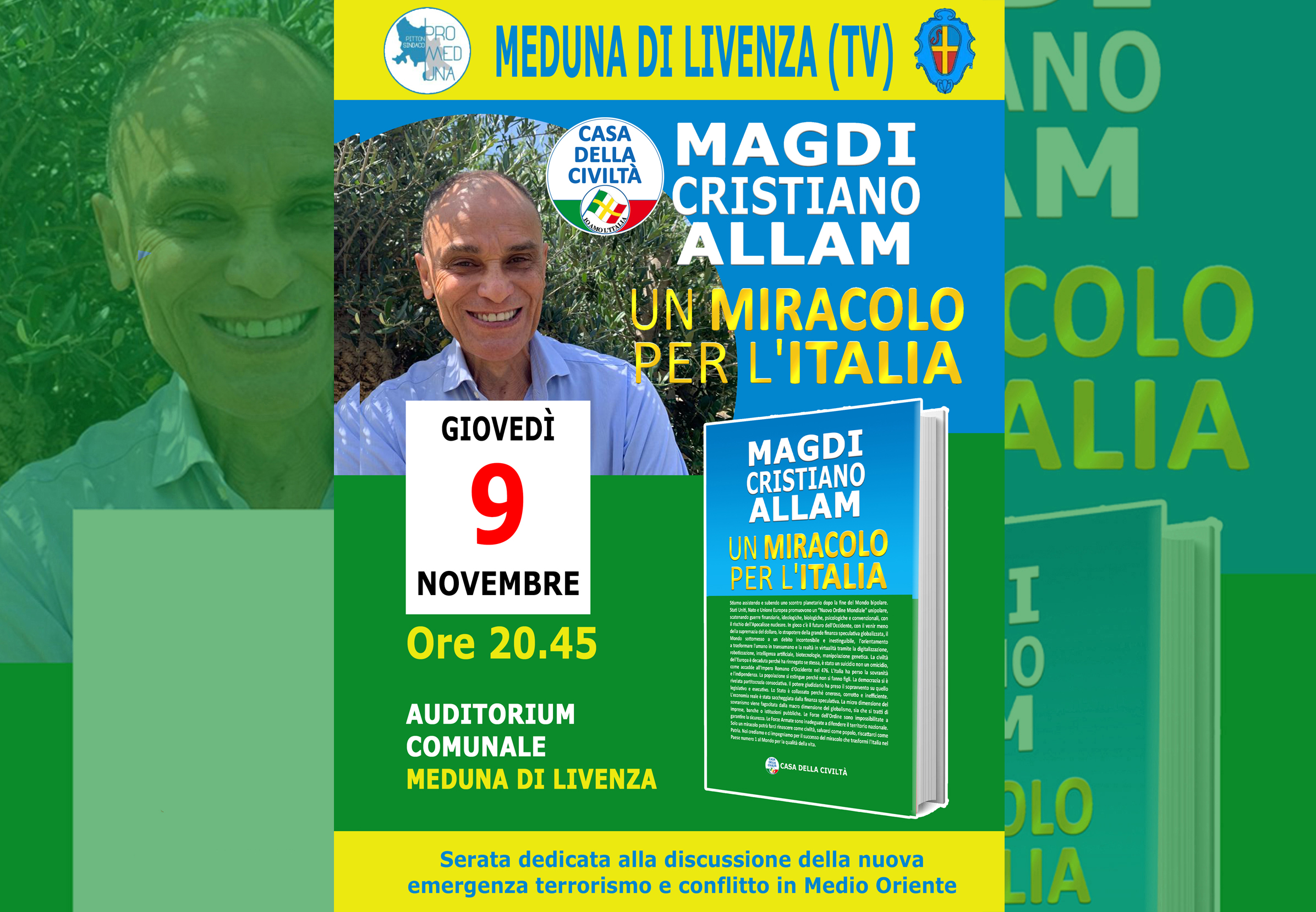 MAGDI CRISTIANO ALLAM a Meduna di Livenza  (TV). Giovedì 9 novembre, alle ore 20.45 – Auditorium Comunale