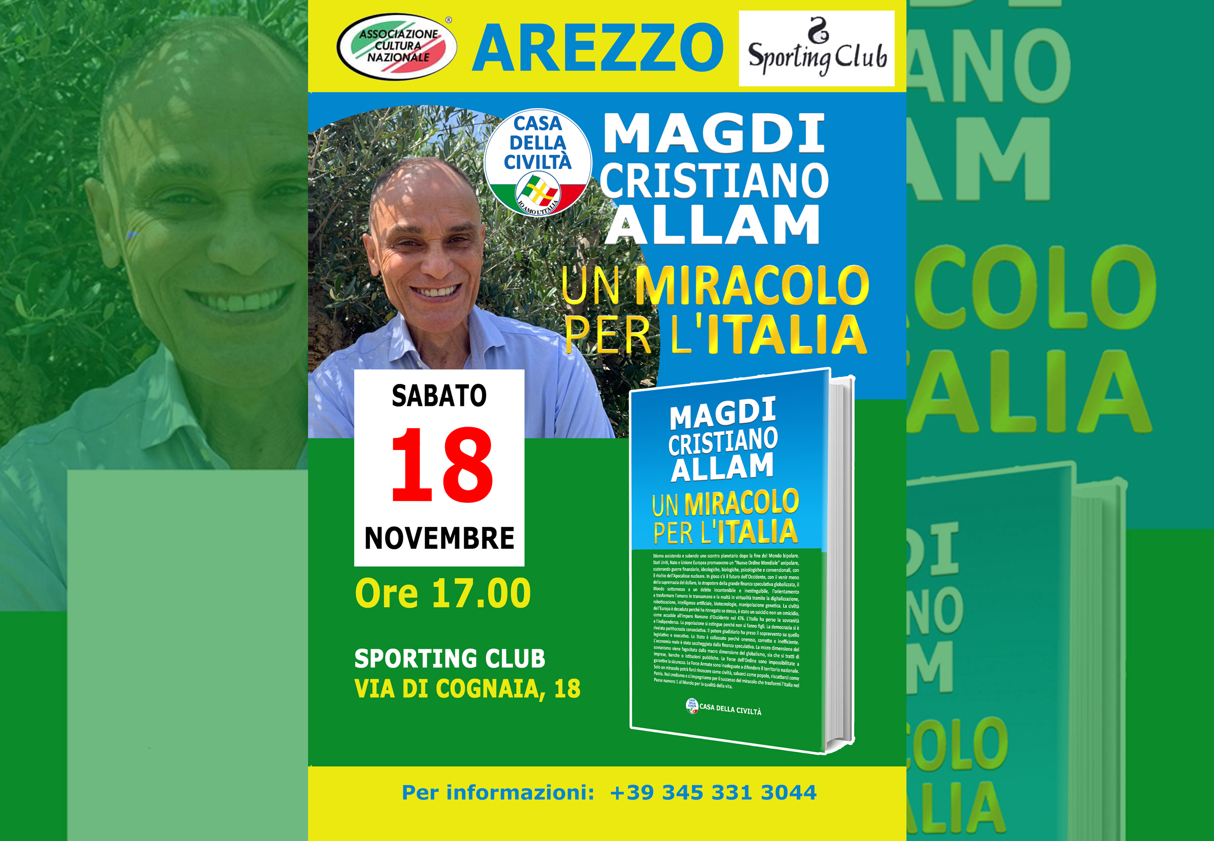 MAGDI CRISTIANO ALLAM ad Arezzo. Sabato 18 novembre, alle ore 17.00, presso lo Sporting Club, Via di Cognaia, 18