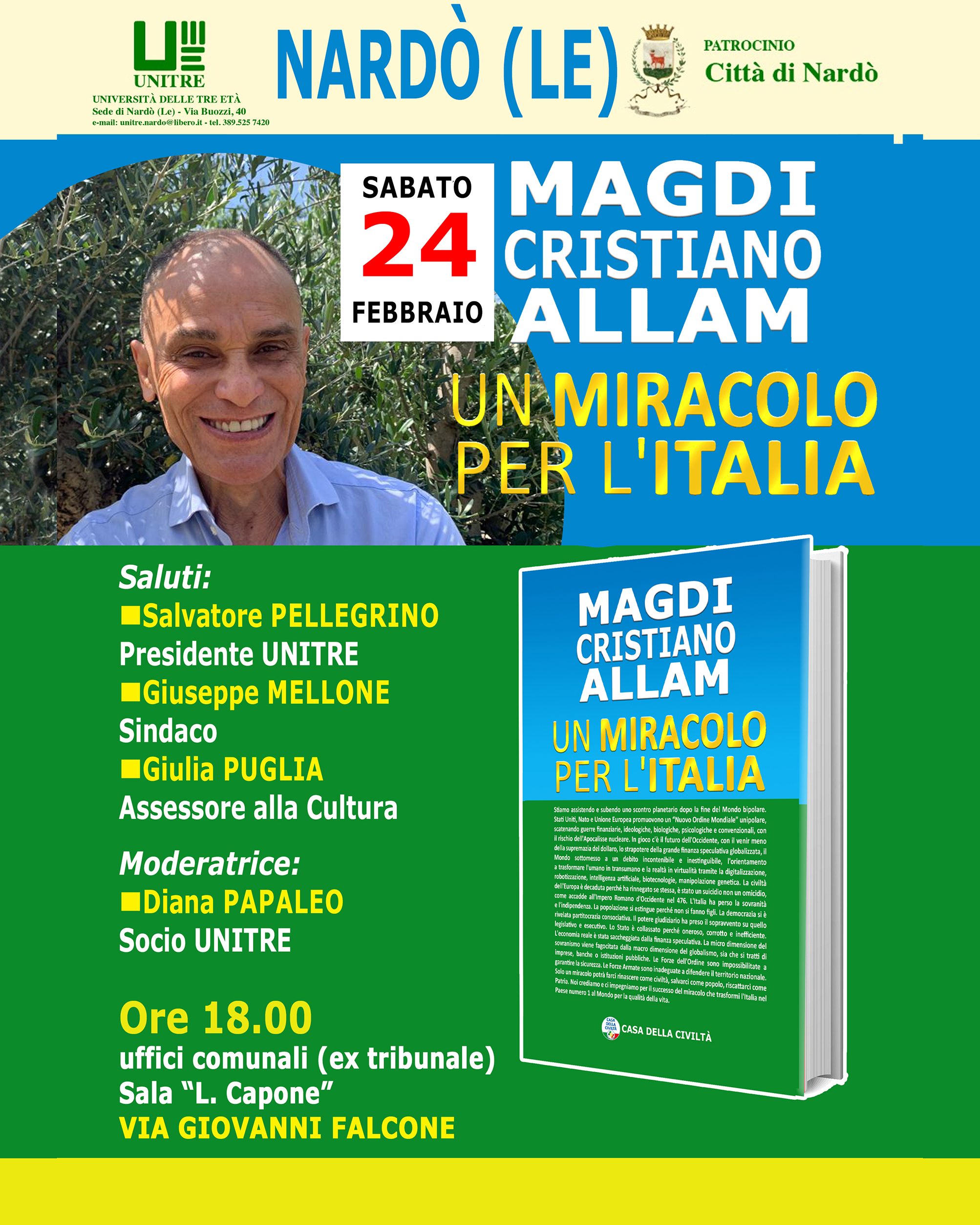 MARIALUISA BONOMO: “Domani, ore 18, Magdi Cristiano Allam a Nardò (Lecce). Presenta “Un miracolo per l’Italia”